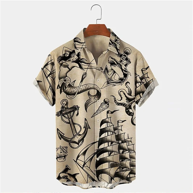 

Summer Ocean Element Shirts Men's Hawaiian Leisure Shirts Men's Vintage Mermaid Print Shirts Print Button Lapel Simple Shirts