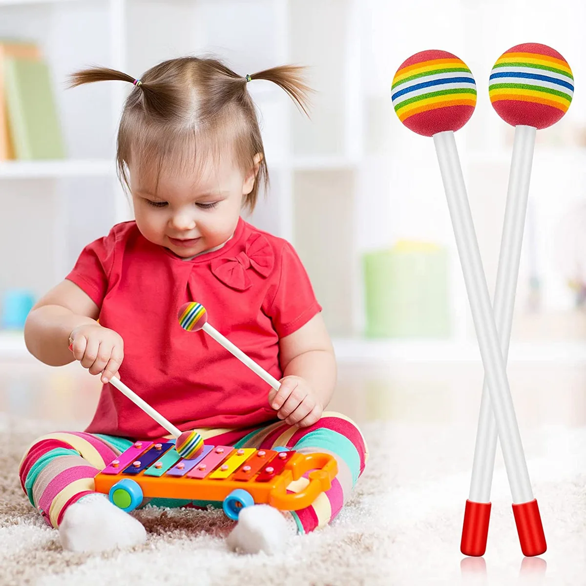 12 buah stik Drum lolipop stik palu pelangi bundar stik perkusi stik Drum untuk anak-anak mainan musik palu Anak