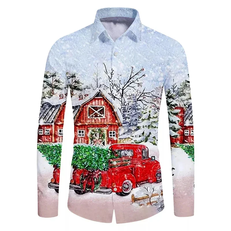 High-end Christmas cottage 3D printed pattern button-down shirt fashionable long-sleeved casual outdoor social 2024 shirt size p