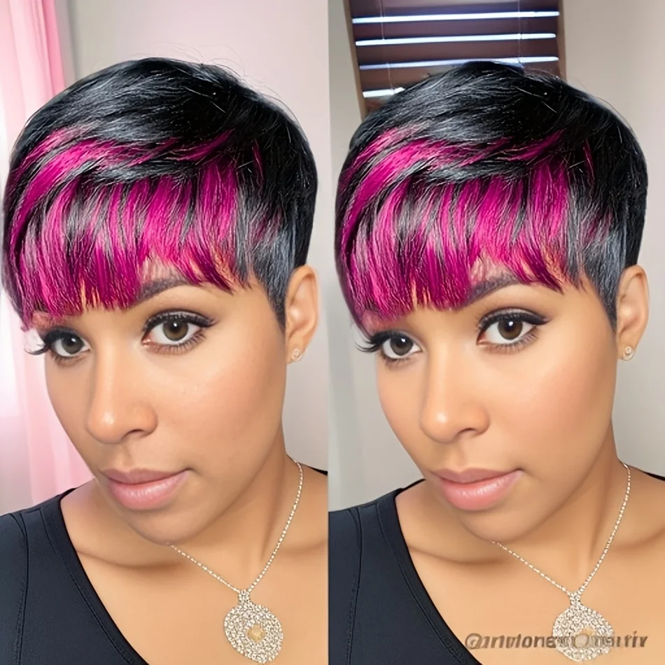 شعر مستعار بشري بقص بيكسي للنساء 1B/أرجواني قصير مستقيم بنمط كامل مصنوع آليًا مثاليًا للنساء #2