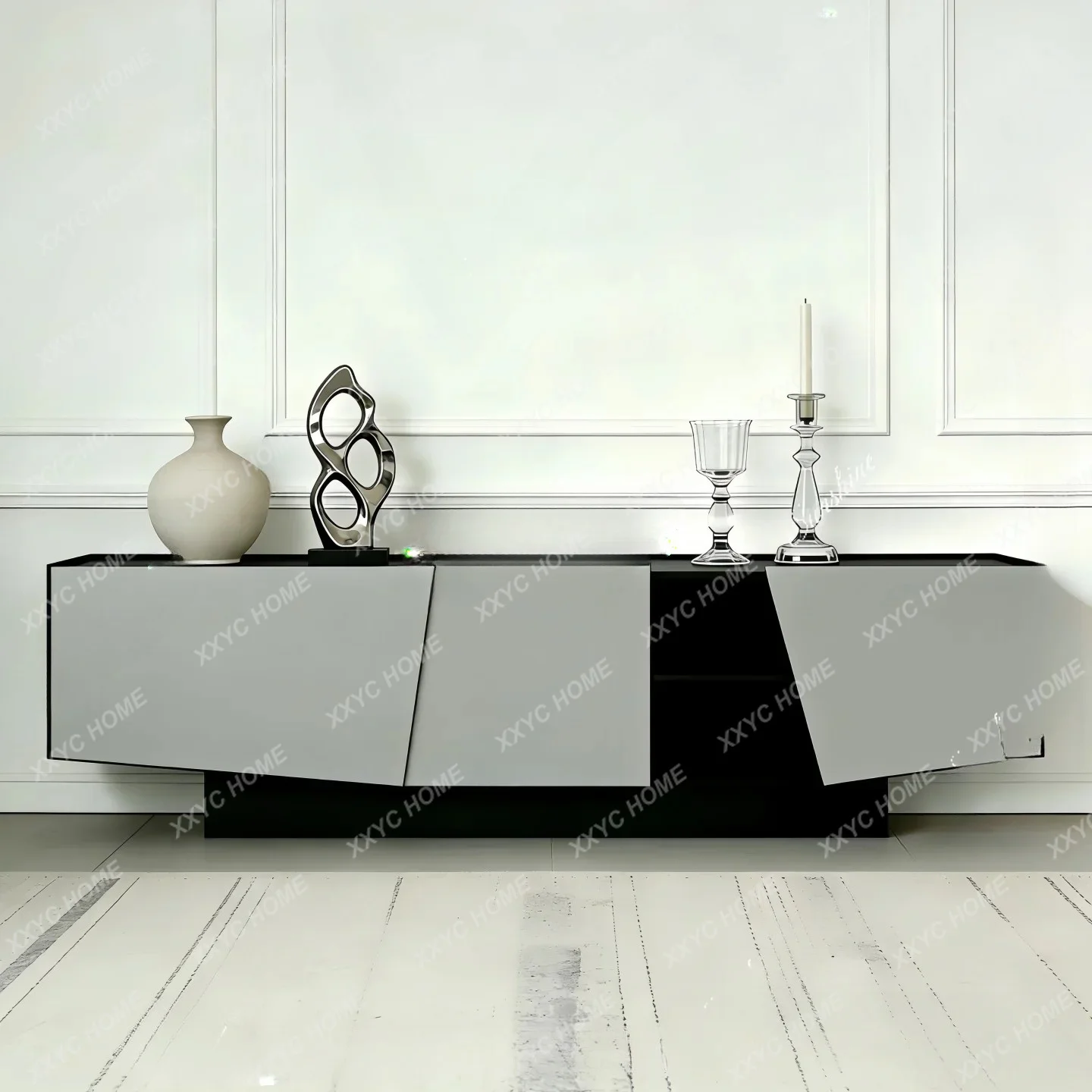 LModern light luxury paint TV cabinet black and white color matching floor locker