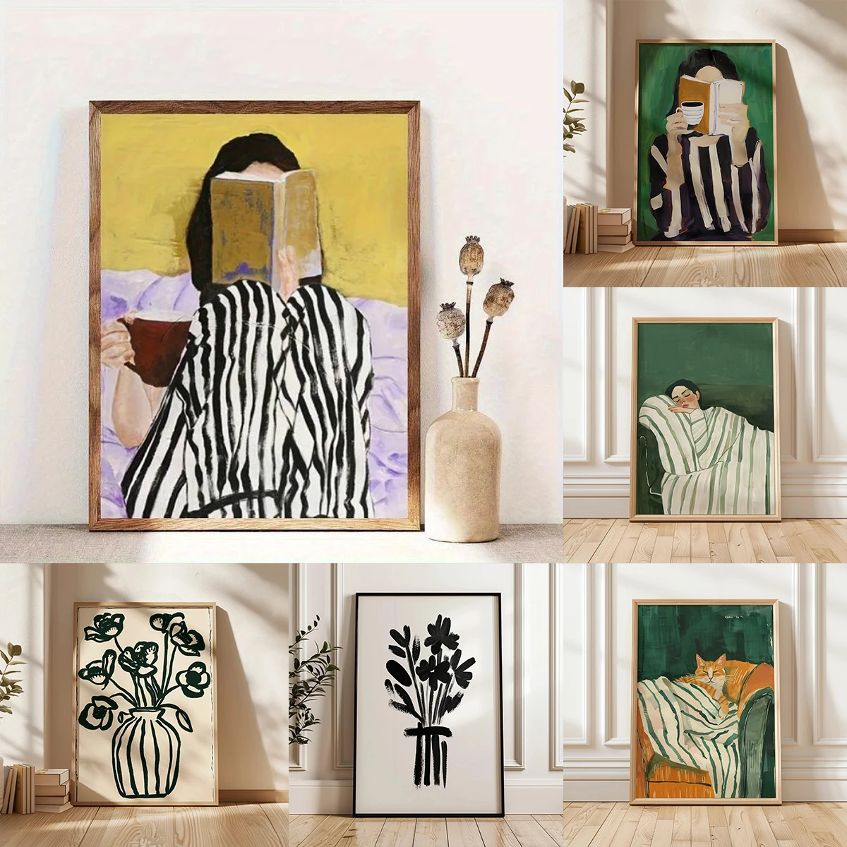 Prints Green Stripes Woman Wall Art Poster for Modern Living Room Home Decor Abstract Reads Book & Drinks Coffee Canvas