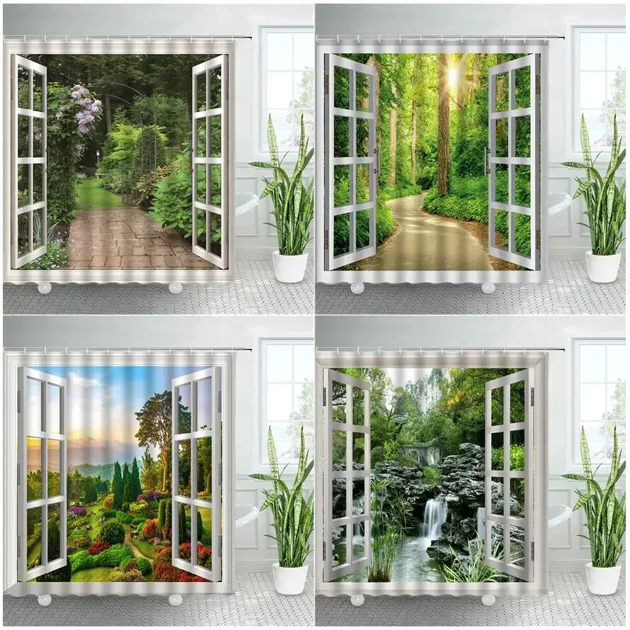 3D Outside Window Forest Shower Curtains Spring Rural Landscape Green Bathroom Curtain Garden Waterfall Printing Polyester Decor