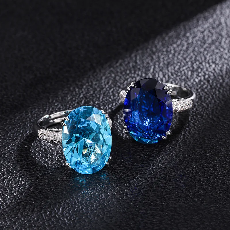 

Fashion Jewelry Trendy Glass Topaz Blue Diamond Adjustable Ring Oval Main Stone 13*18