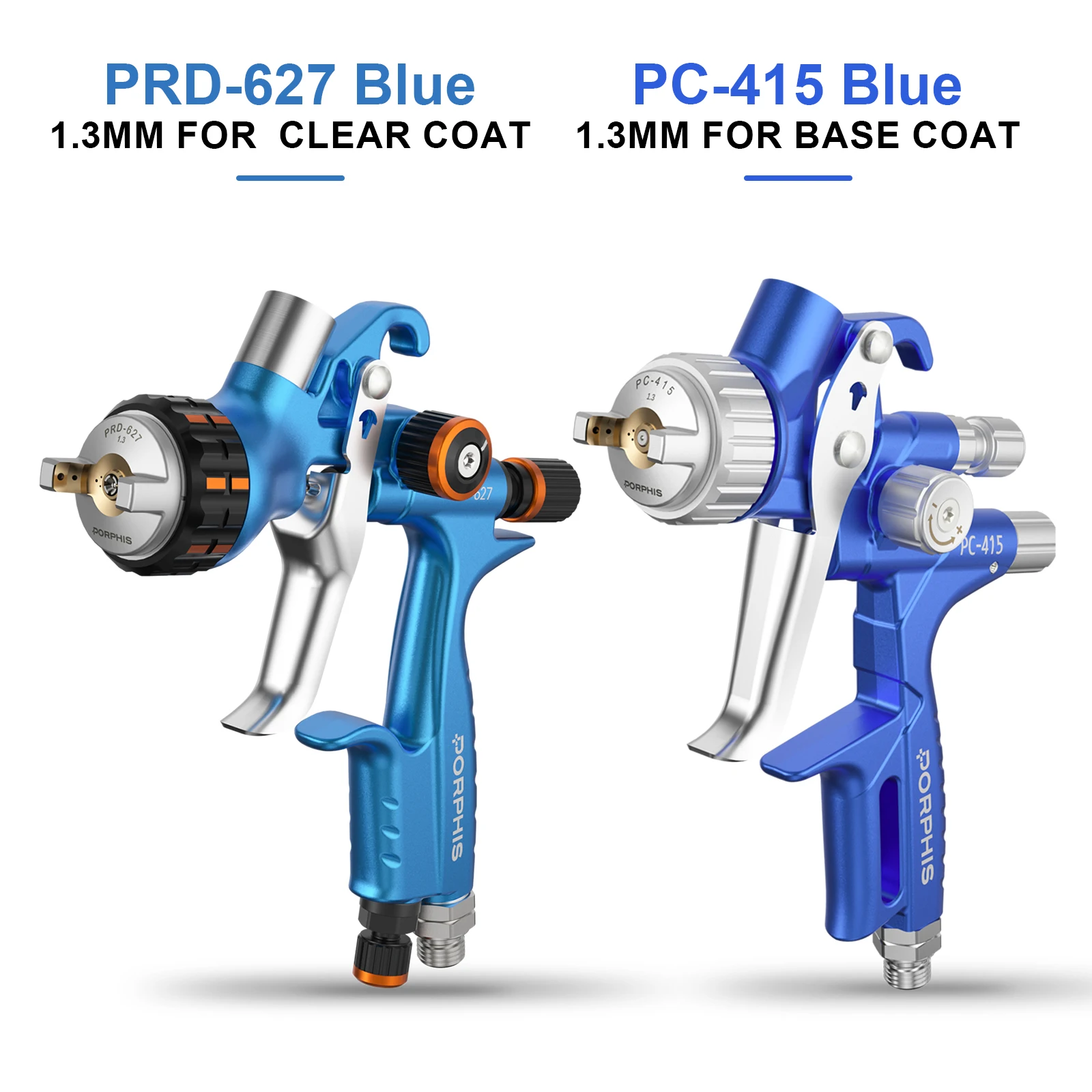 PORPHIS PRD-627 PC-41 Series No Cup Dual Paint Spray Gun Set Auto Body Paint Gun for Clear Base Primer Work Topcoat Colorcoat