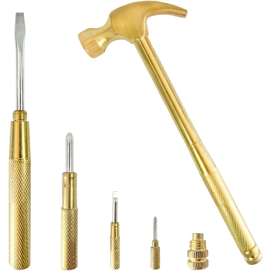 

Многофункциональный инструмент 6 в 1 с металлическим молотком и отверткой для кемпинга на открытом воздухе Компактный портативный набор инструментов с золотой отделкой Идеально подходит для Emerg