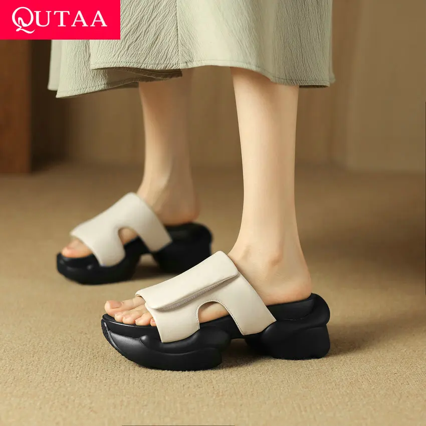 

QUTAA 2024 Platforms Slippers Women Sandals Summer Genuine Leather Leisure Casual Square High Heel Shoes Woman Size 34-40