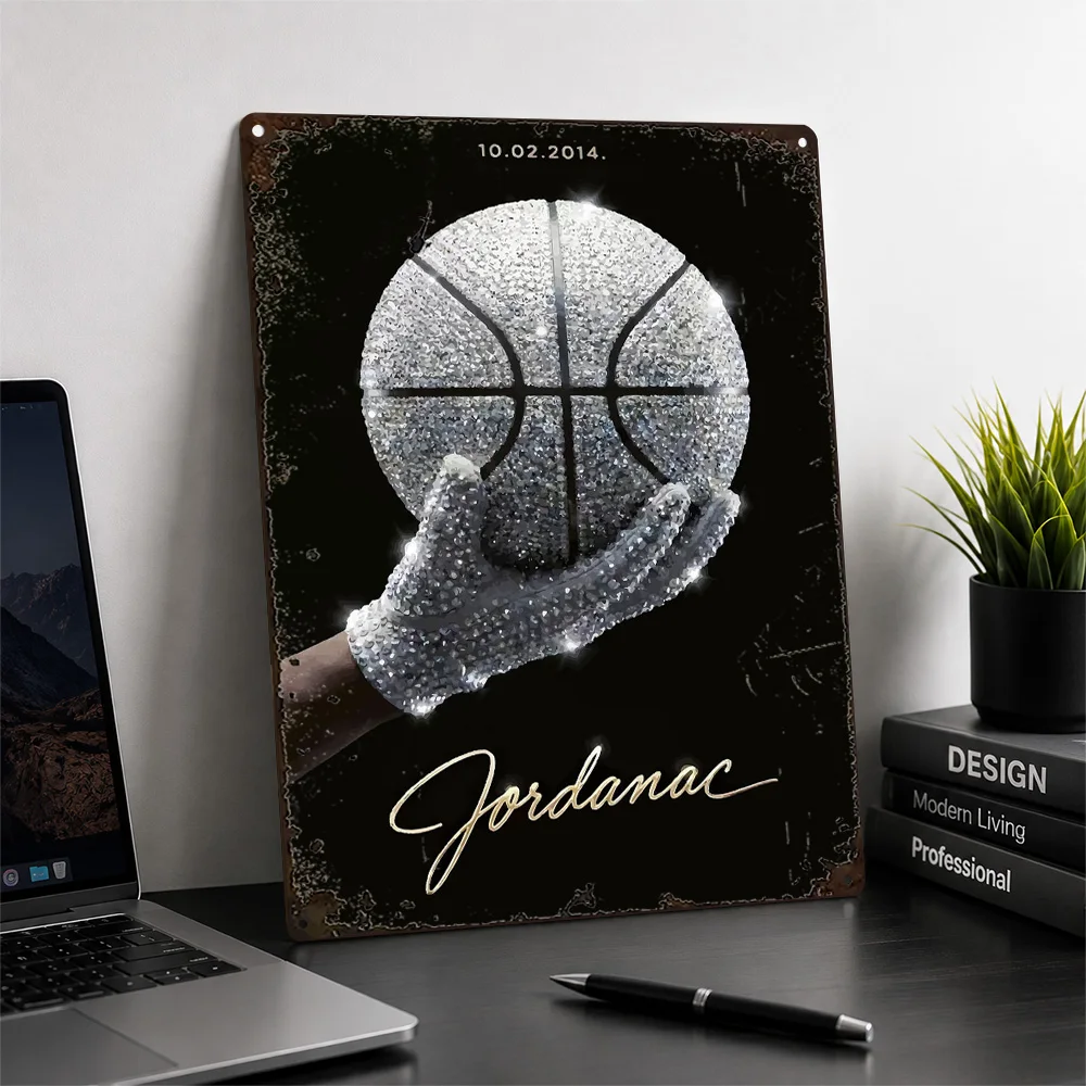 Jeweled Basketball Gloved Hand Printed Poster Graphic Wall Art For Training Studio Customized Aluminum Metal Sign Coach Gift