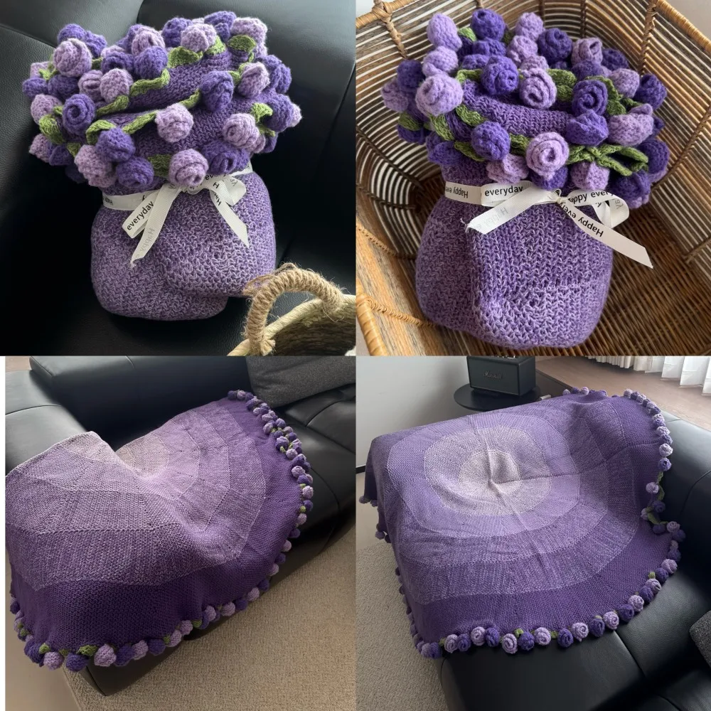 Finished Colored Rose Bouquet Blanket, Handmade Knitted Blanket, Gift Giving, Holiday Cover Blanket Comfortable Bedding
