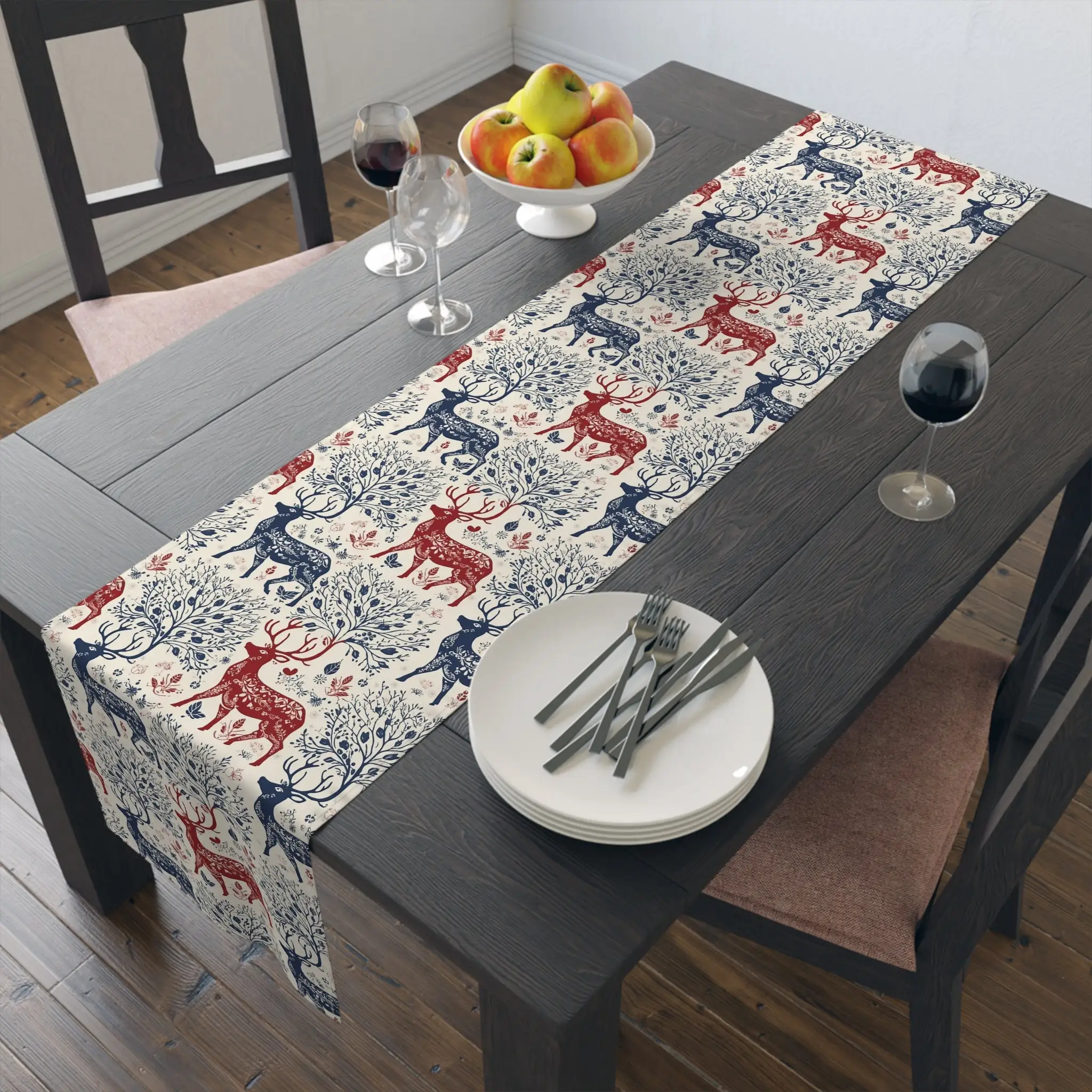 Christmas Nordic Deer Table Runner, Winter Holiday Reindeer Farmhouse Kitchen Dining Room Table Scarf Celebration Party Decor
