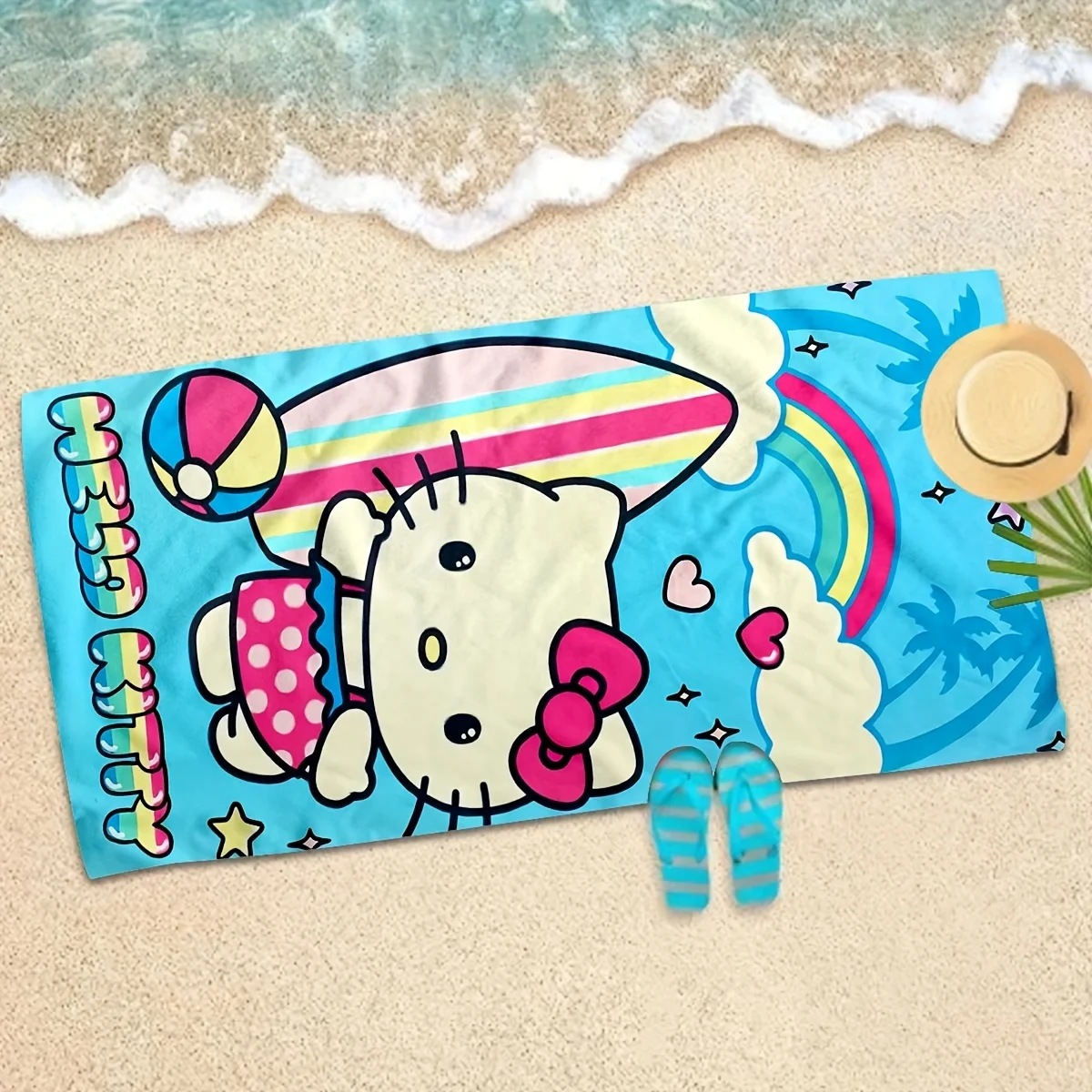 1pc Creative Surfboard and Hello Kitty Printed Beach Towel,Soft Absorbent Bath Towel,Hiking,Camping Essentials,Beach Accessories