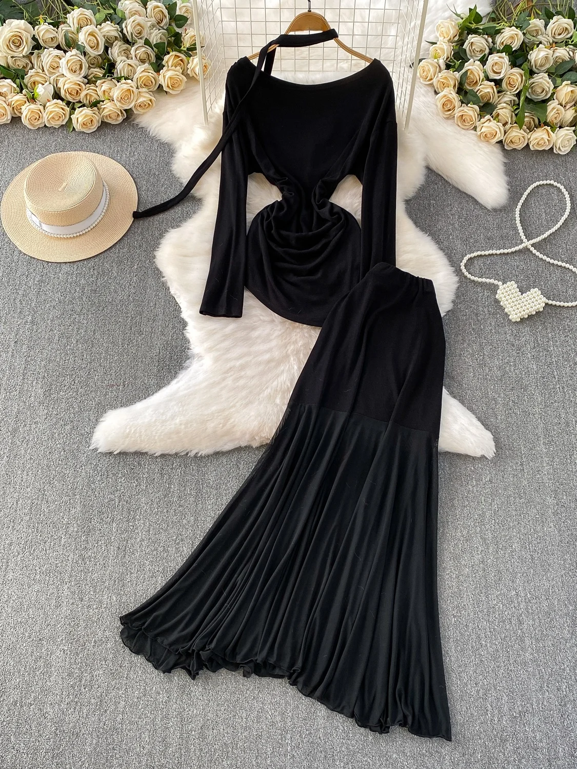 

Ele Long Sve Gown with Sa And Me Paneling in Sisterly Sle Faion Set with Skirt Anti-Wrinkle High Waist Autumn ...