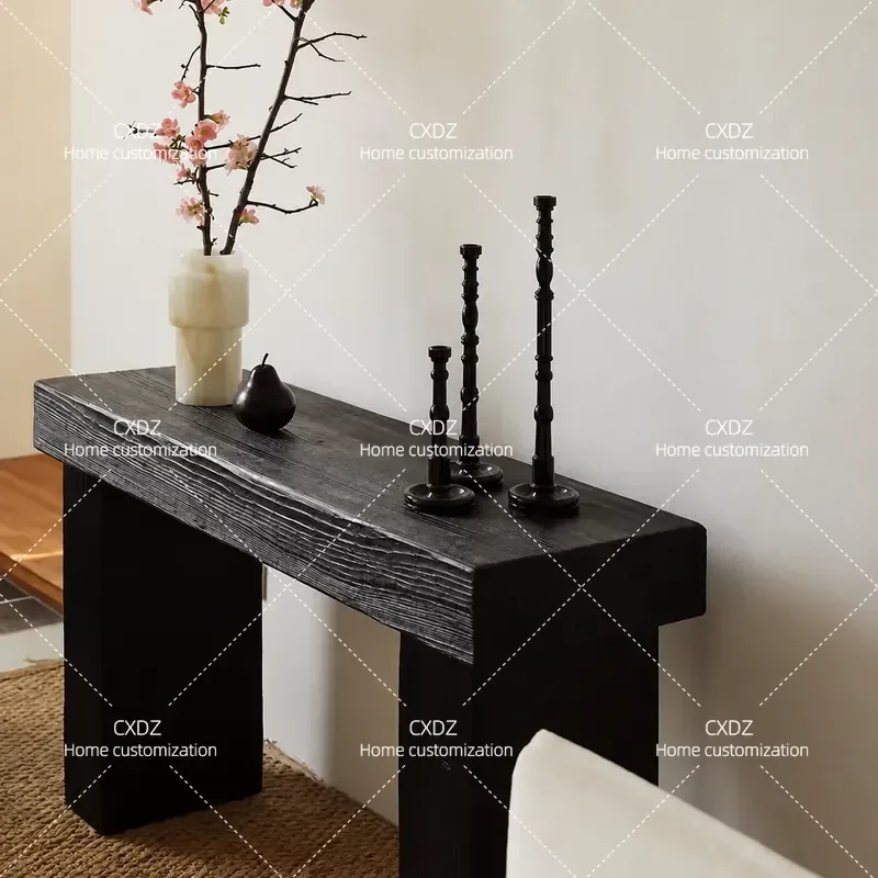 Carbonized black solid wood entrance table, wabi-sabi wind B & B hotel corridor display table, entrance entrance table, wall