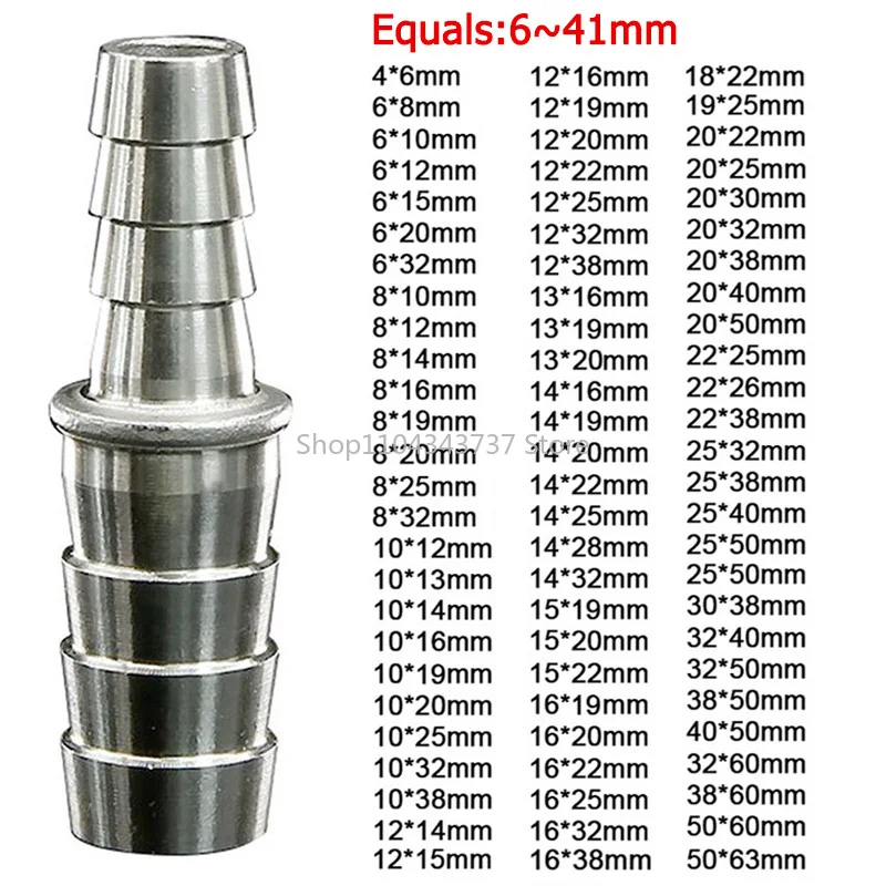 304 Stainless Steel Reducing/Equals Barb Coupler Connector OD 4 6 8 14 15 16 19 20 22 25 32 38 40 50 63mm Water Hose Fitting