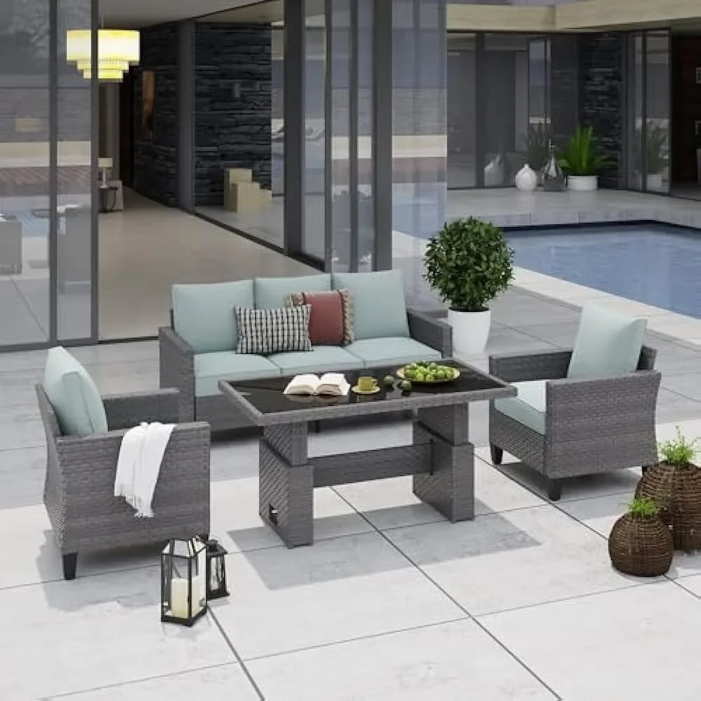 

Outdoor Patio Furniture 4 Pie Set, Conversation Sets with Lift Coffee Table, Sectional Set 3 Seat Sofa Couch with Club Chair