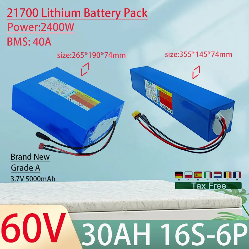 60V 30Ah 21700 16S6P Lithium Ion Battery Pack 2500W Power Tool Batteries Outdoor Backup Batteries With 40A BMS+67.2V 5A charger