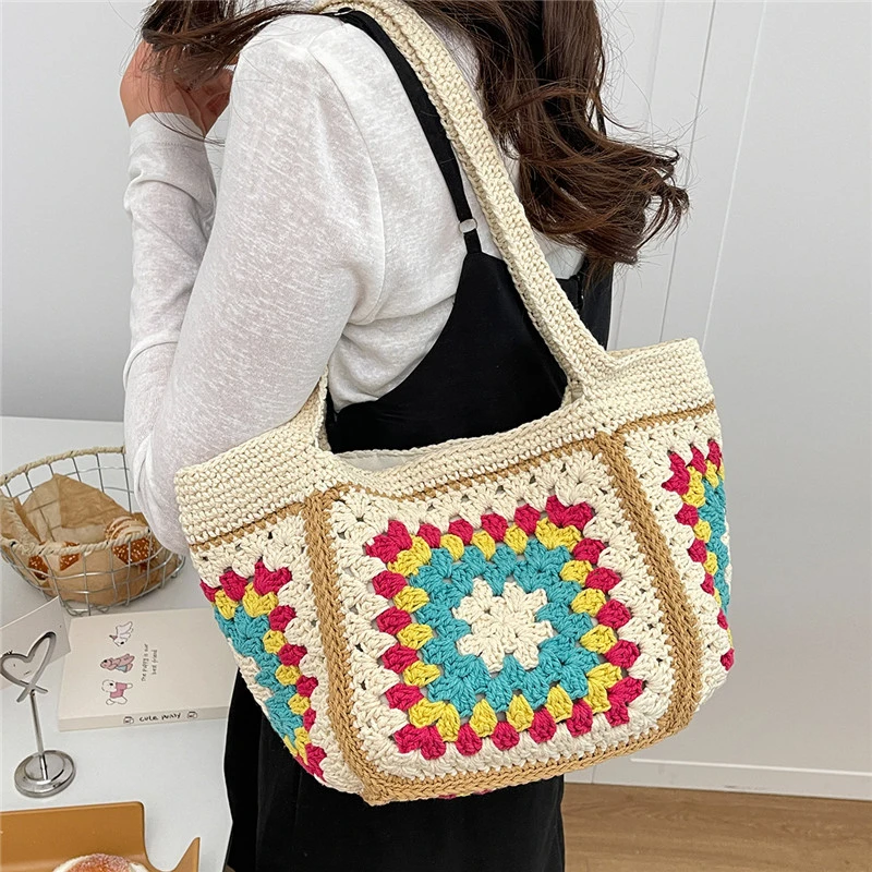 Granny Square Straw Shoulder Bag,Boho Ethnic Contrast Color Crochet Women Tote Bag,Roomy Summer Beach Vacation Handwoven Handbag