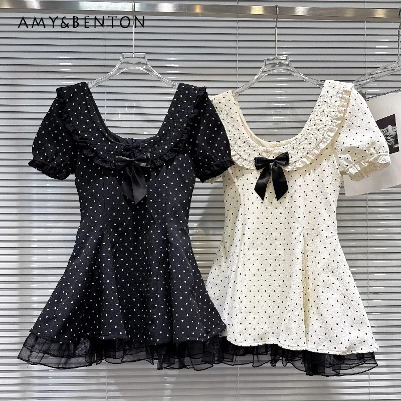 

2026 Summer New Women's Clothing Original Design Sweet Cute Bow Polka Dot Waist-cinching Puff Sleeve Princess Dresses Ladies
