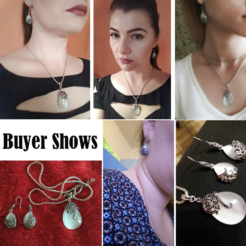 Vintage 925 Sterling Silver Jewelry Sets For Women Fashion Water Drop Shape Cat Eye Stone Pendants Necklace Earring Set