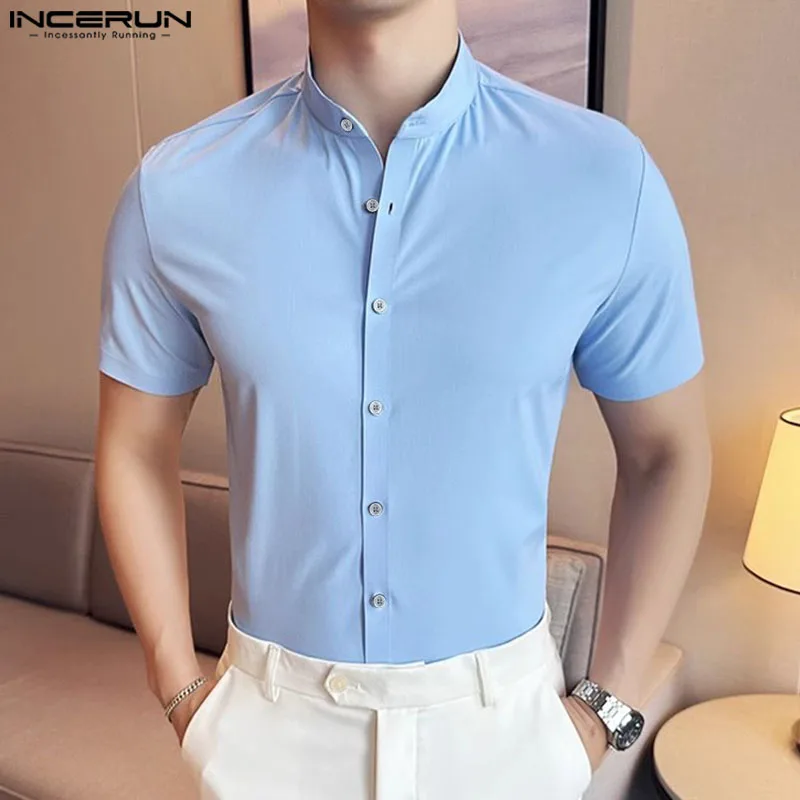 

INCERUN Men Shirt Solid Color Lapel Short Sleeve Korean Style Men Clothing Summer Streetwear 2024 Fashion Casual Shirts S-5XL