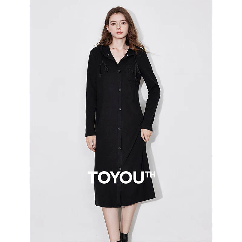 TOYOUTH Women Black Dress 2024 Autumn Winter New Velvet Warm Medium Length Hoodies Casual Dress