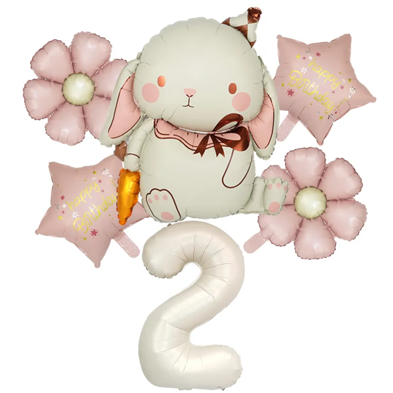 6 Stück Kaninchen Karotte Rosa Gänseblümchen Blume Stern Creme Zahl Ballon Set Mädchen Geburtstag Hochzeitstag Party Dekoration Babyshower – Detail 3