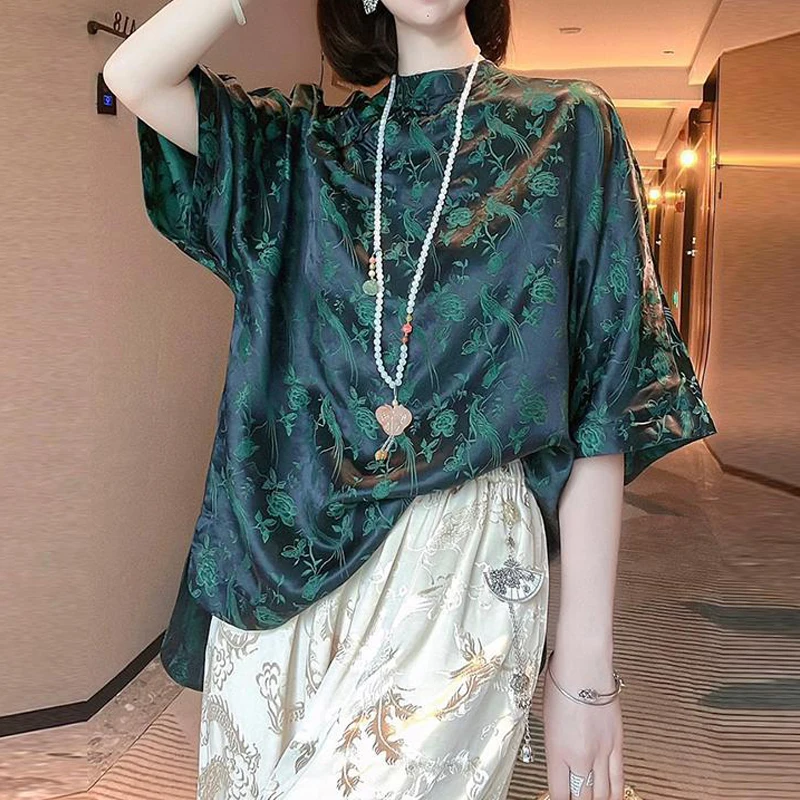 2024 Women Vintage Chinese Style Button Silk Blouses High Quality Elegant Stand Collar Shirts Hollow 3/4 Sleeve Loose Tunic Tops