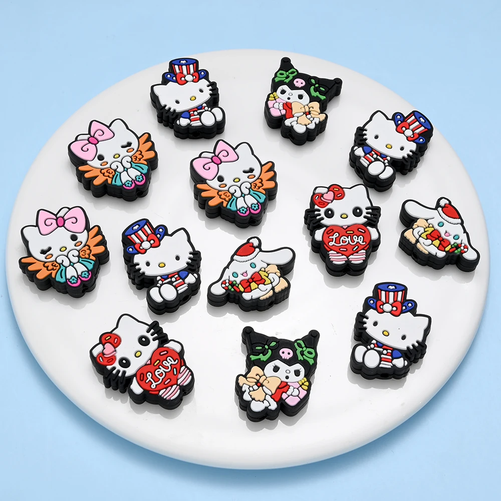

5Pcs Sanrio Themed Silicone Beads Hello Kitty Kuromi Ect Shape Focus Bead For DIY Pacifier Chain Necklace Bracelet Jewelry Makin