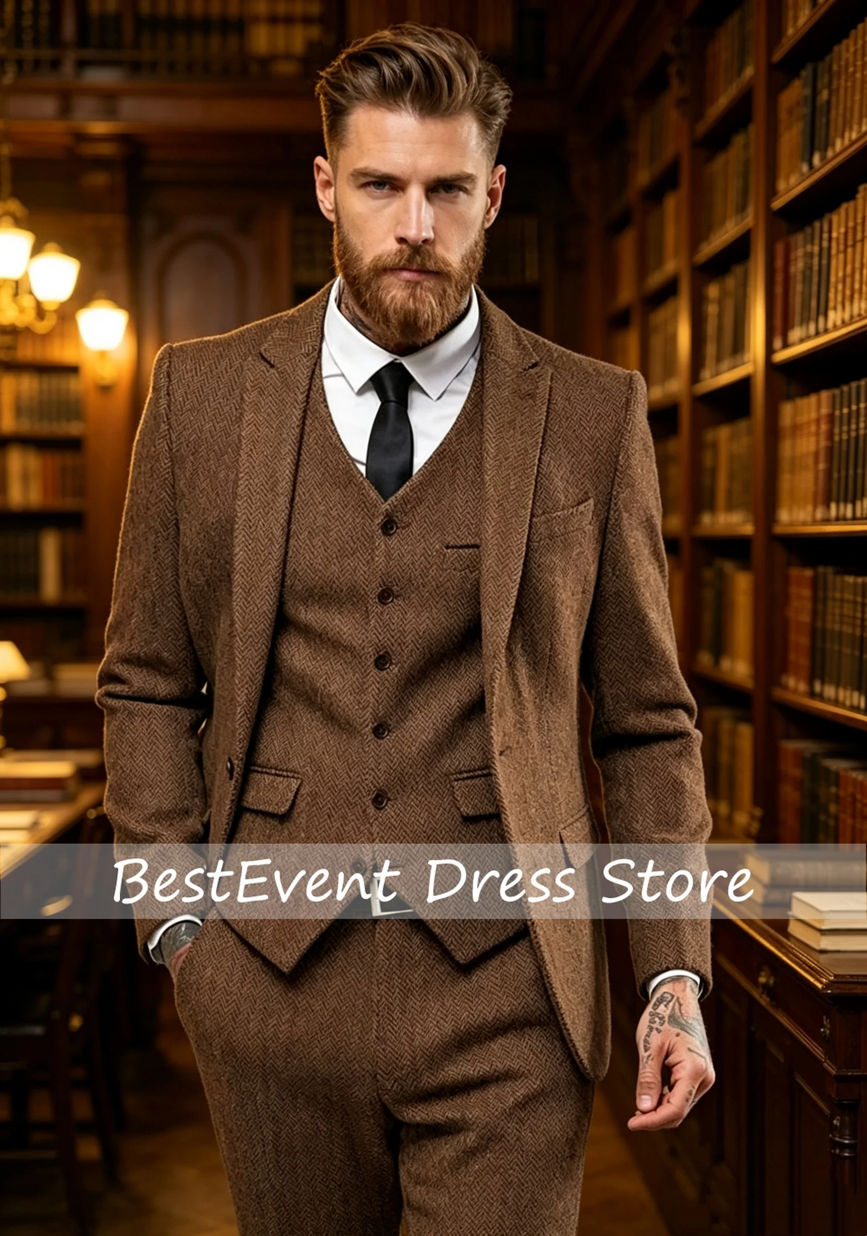 2026 Brown Suit for Men Herringbone Slim Fit Formal Groom Tuxedo 3 Piece Wedding Male Suits Jacket Vest Pants Customized