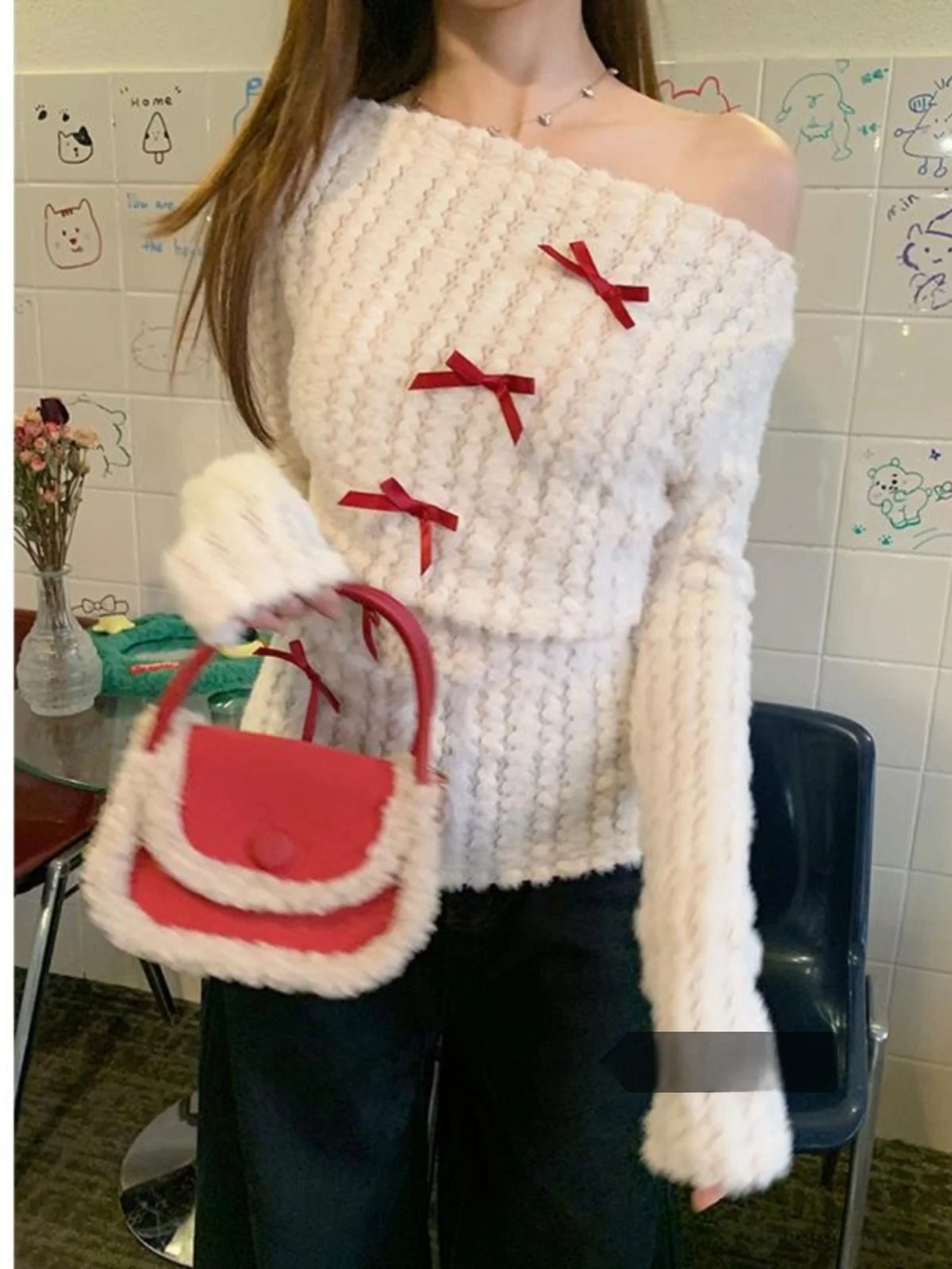 

Winter 2025 Women's Knot Slant oulder Knitted Sweater Slim Fit Inner Wear Top Korean Sle Long Sve Knitwear