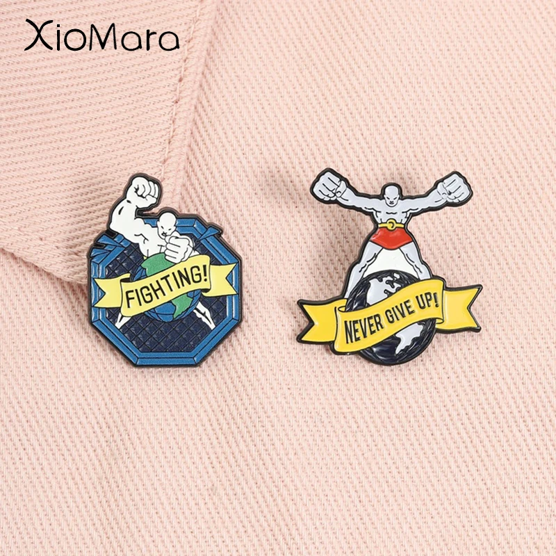 UFC Sport Enamel Pins FIGHTING NEVER GIVE UP Octagonal Cage Arena MMA Fighting Competition Brooches Lapel Badge Jewelry Gifts