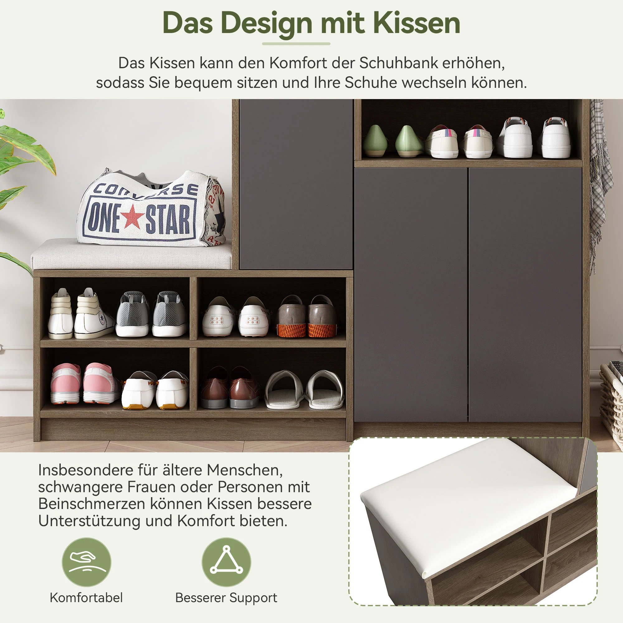 Schuhaufbewahrungsbank, Schuhschrank, Schuhregal mit gepolstertem Sitz, vielseitige Schuhaufbewahrungslösung mit Racks für den Flur – Detail 3