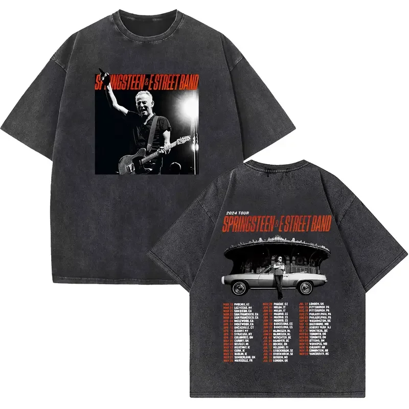 Bruce Springsteen and E Street 2024 Tour Vintage Washed T-Shirt Man Hip Hop Punk Rock Oversized Short Sleeve T-Shirts Streetwear