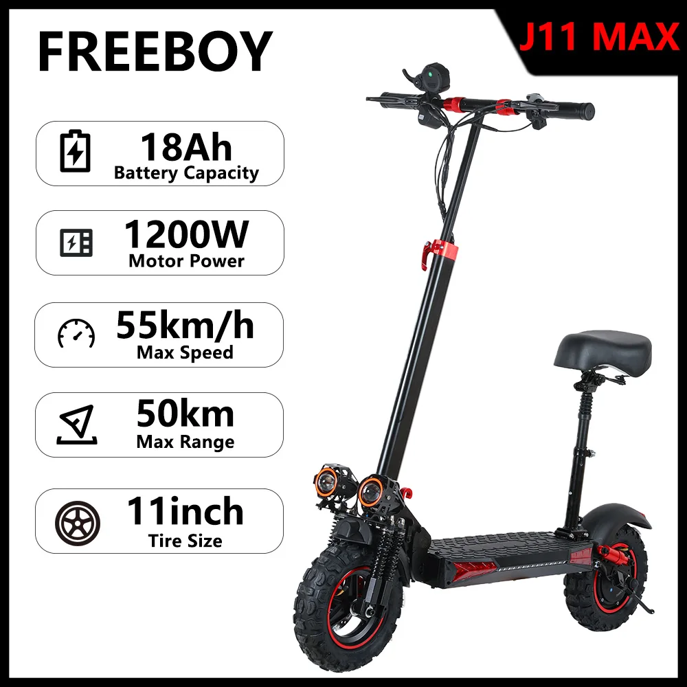 Trottinette électrique J11 MAX pour adultes, 1200W, 48V, 18AH, pliable, 50km, 55km/h, pneus tout-terrain de 11 pouces, trottinette électrique