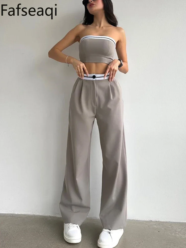 Sexy Women\'s Tracksuit with Boob Tube Top Slash Neck Contrast Color Wide Leg Trousers Sports Suit for Women Two Piece Set Outfit