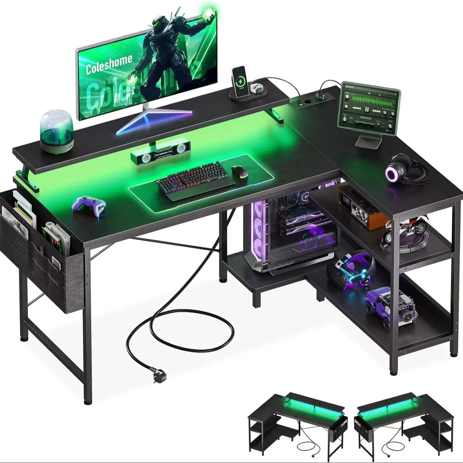 Coleshome Gaming-Schreibtisch mit LED, 120 x 80 cm großer Eckschreibtisch mit umkehrbaren Regalen, L-förmiger Gaming-Tisch mit Steckdosen und USB-Anschlüssen, Gaming-Tisch mit Monitorständer für das