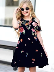 Children's Clothing Flower Off Shoulder Round Neck Fashion Dress Short Sleeve