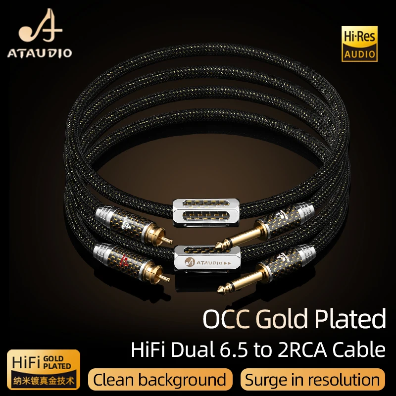 One Pair Dual 6.5 TS to 2RCA for Mixer Amplifier Hi-end OCC Gold-plated Shielding Dual 6.5mm to 2RCA Male Jack HiFi Audio Cable