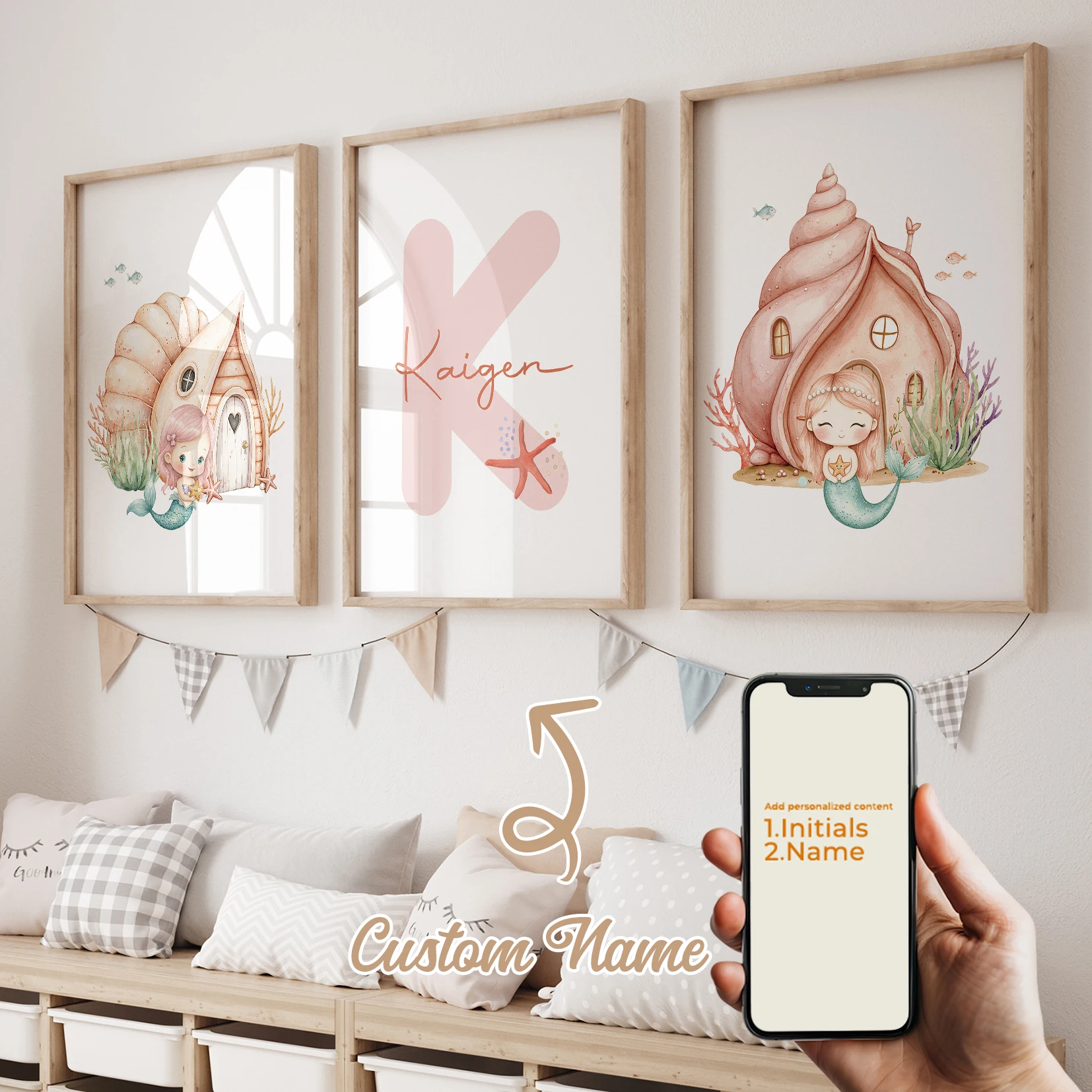 

3pcs Personalized Name Custom Cute Mermaid Conch House Coral Wall Art Print Picture Living Room Kids Room Home Decor