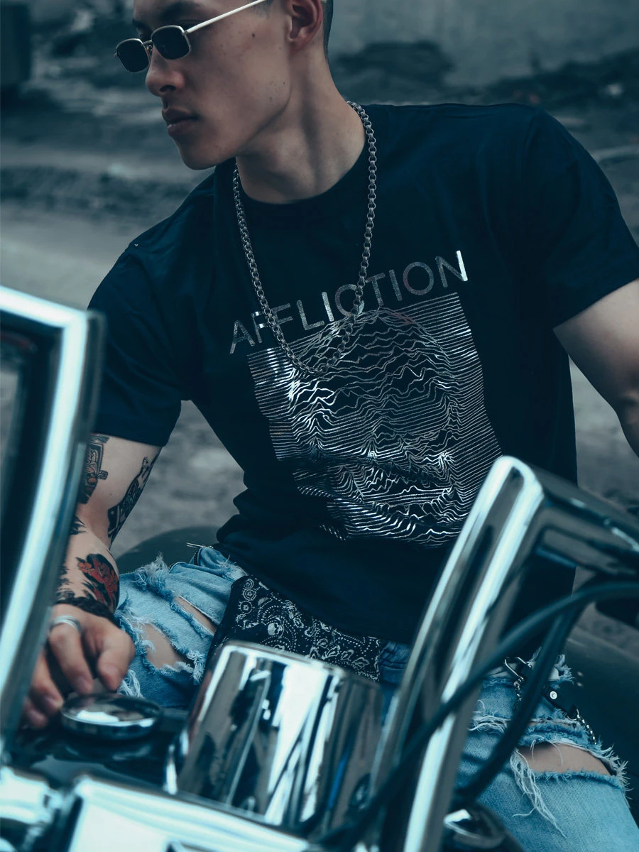 Europe and The United States Light Luxury T-shirt Men Printed Skull Short Sleeve Ins Brand High Street Pioneer Dark Black