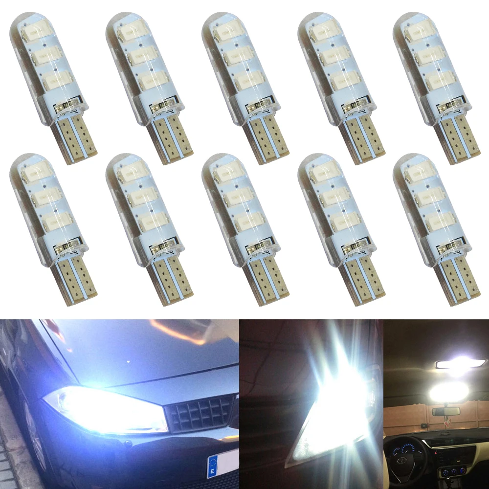 

10X T10 DC 12V Automotive LED 194501 6SMD 5630 Silicone Cob Marking Tail Wedge Parking Fog Running Light Bulb Tube Illumination