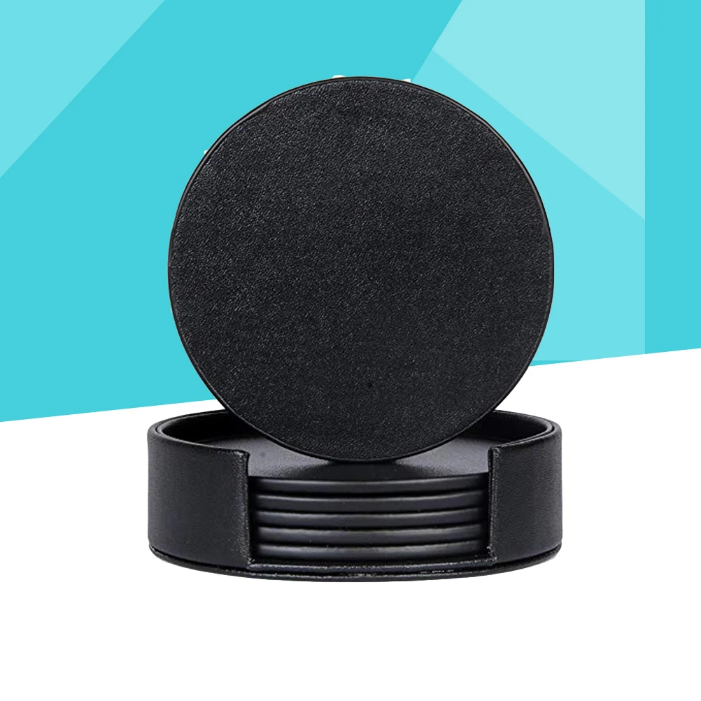 

7 Pcs PU Coasters with Holder Set Round Heat Insulation Cup Mat Drink Coasters for Home and Kitchen (Black)