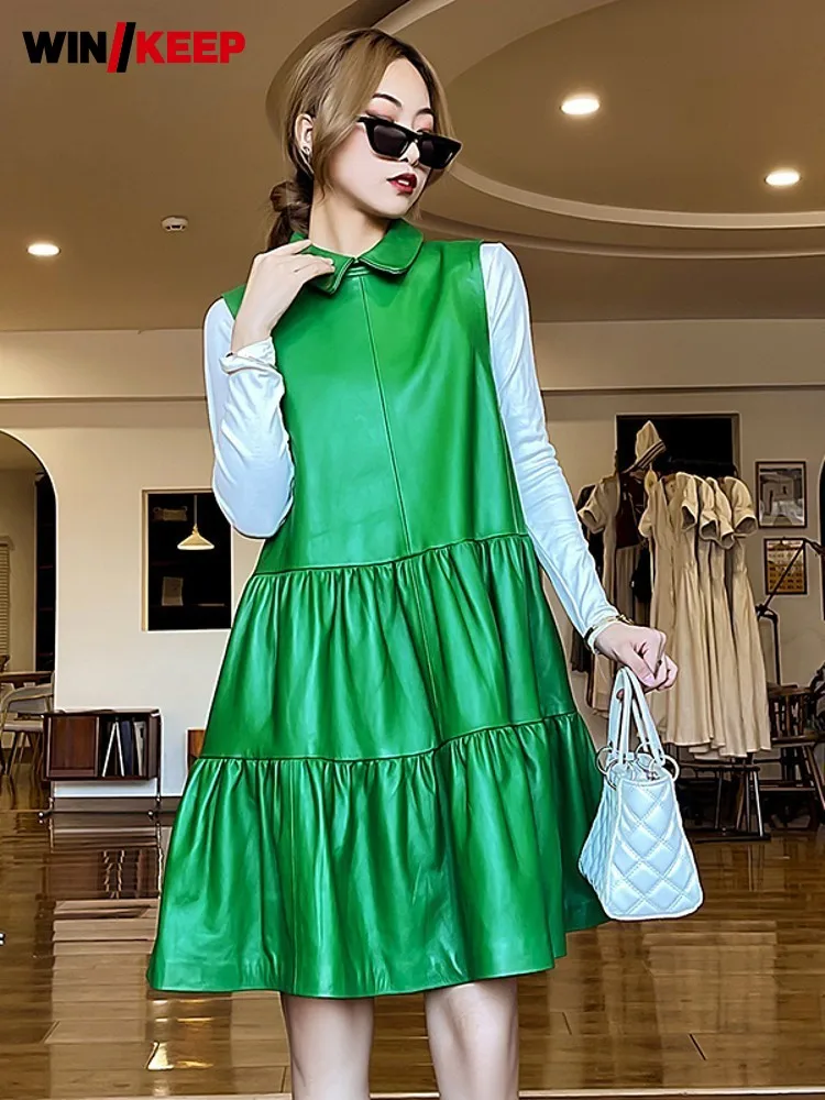 Fashion Spring New Women Sleeveless Sundress Pleated Sheepskin Genuine Leather Dress White Lapel Collar Loose Fit Casual Dresses