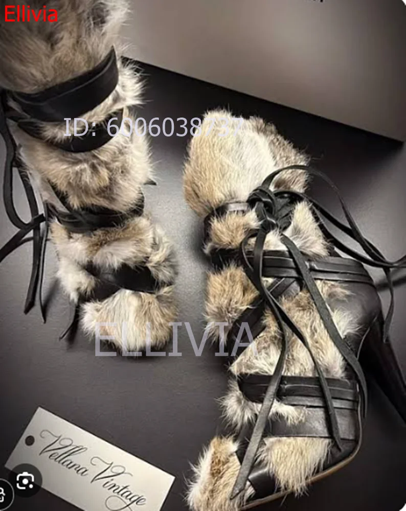 Women  Fur Ankle Boots Lace Up Wrap Strap Stiletto Heel Pointed Toe Winter Fashion Ladies Dress Party Short Boots