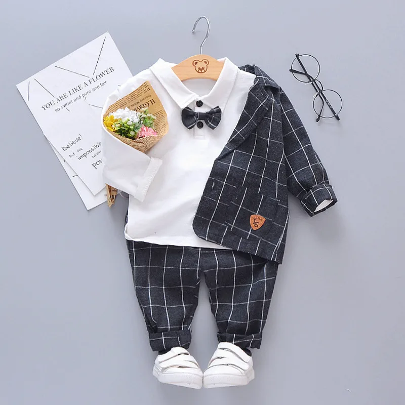 Spring Autumn Baby Boys Clothes Suit Children Casual Plaid Coat T-Shirt Pants 3Pcs/Set Toddler Gentleman Costume Kids Tracksuits