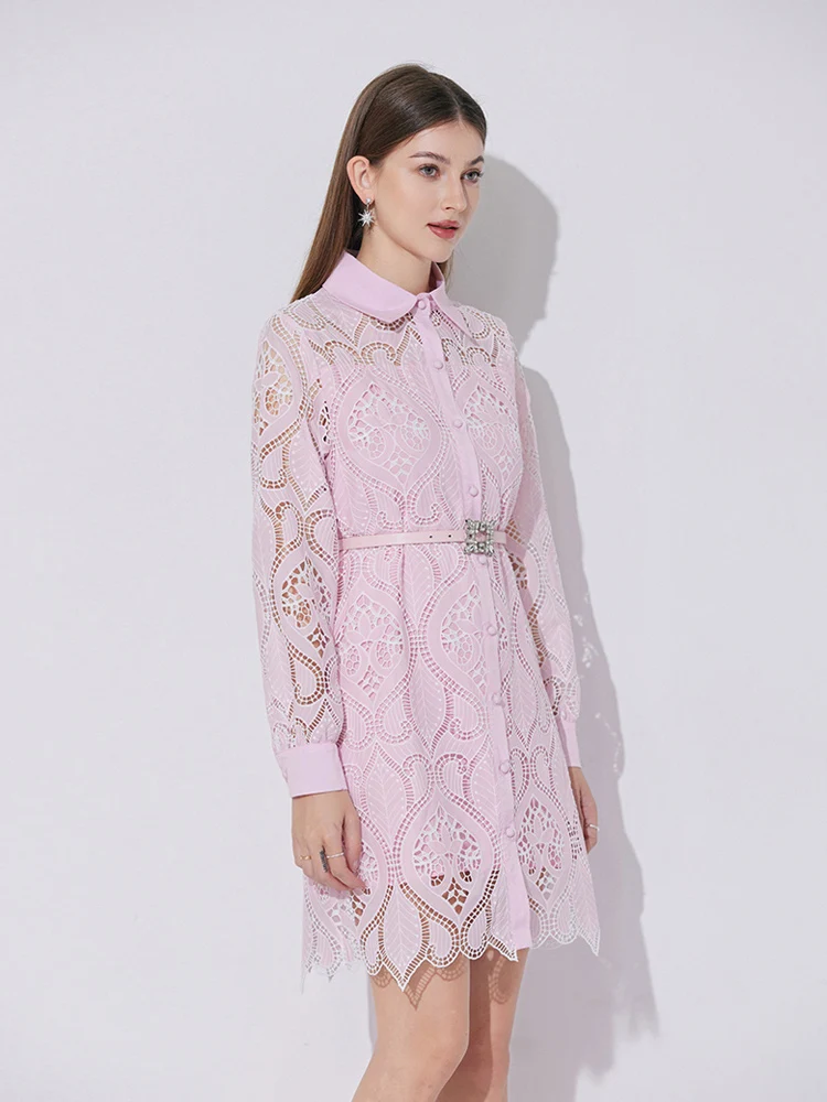 벨트와 고품질 수 놓은 레이스 셔츠 드레스 여성 속이 빈 2025 여름 우아한 긴 소매 미니 드레스 INKEO 5D107