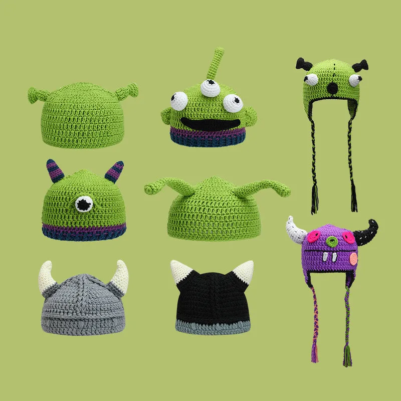 

Monster Handmade Knitted Pullover Wool Beaine Hat Green Female Autumn Winter Cute Cartoon Funny Woolen Beanie Hat Skullies