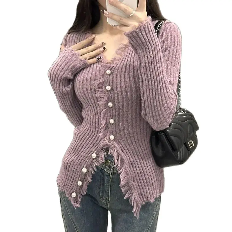 

New Spring and Autumn Sweaters for Women 2023 Fashion Purple V-Neck Waist Sweater Cardigan Unique Knitted Top Sweater