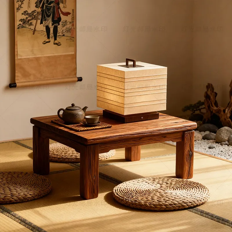Japanese Style Square Desk Lamp Wabi Sabi Retro Bedside Light Rechargeable Hotel Atmosphere Reading Night Light for Bedroom