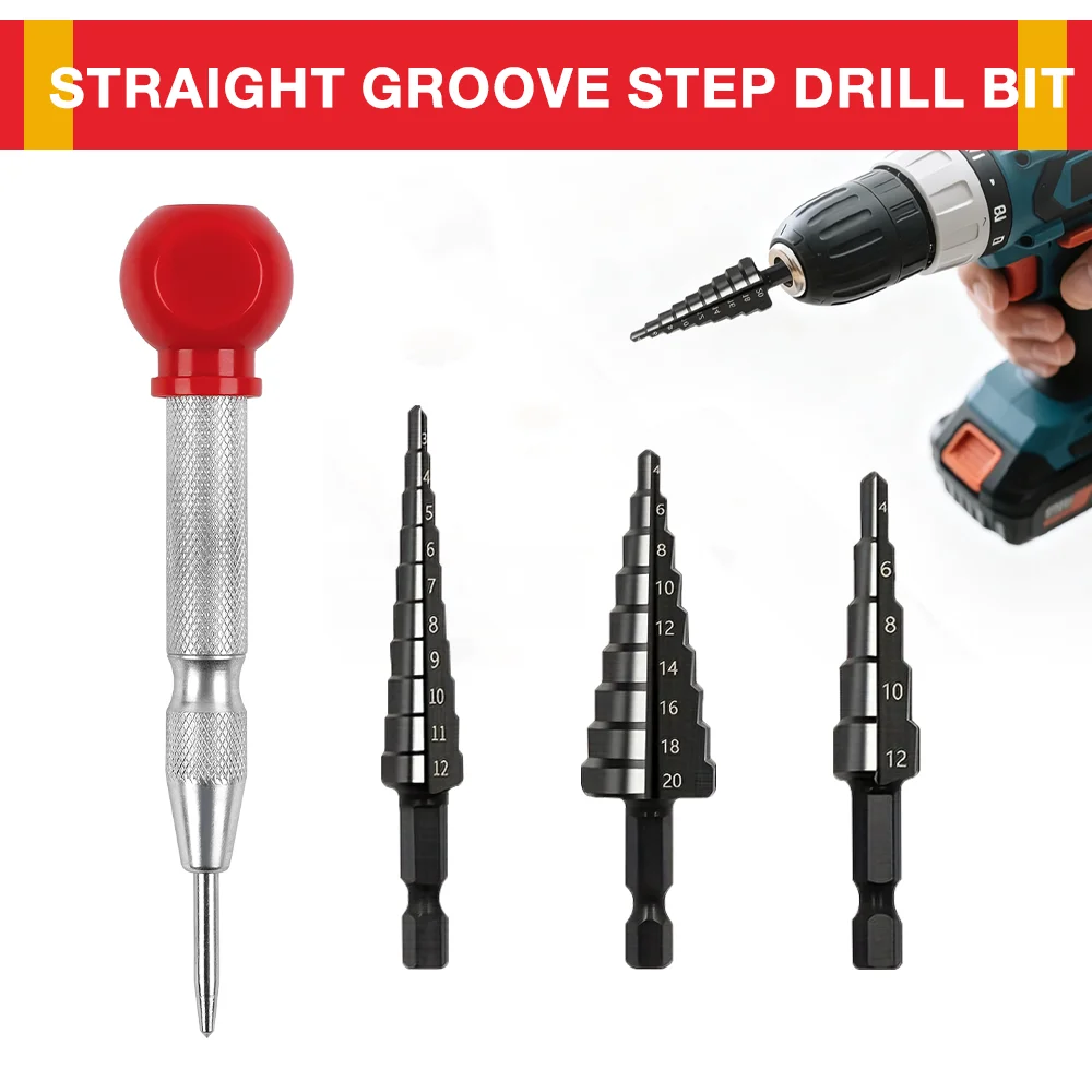 Juego de 3 brocas escalonadas de ranura recta con punzón central de resorte, vástago hexagonal, 3-1/4-1/4-20, recubrimiento de nitruro, cortador de agujeros cónicos para madera y metal.